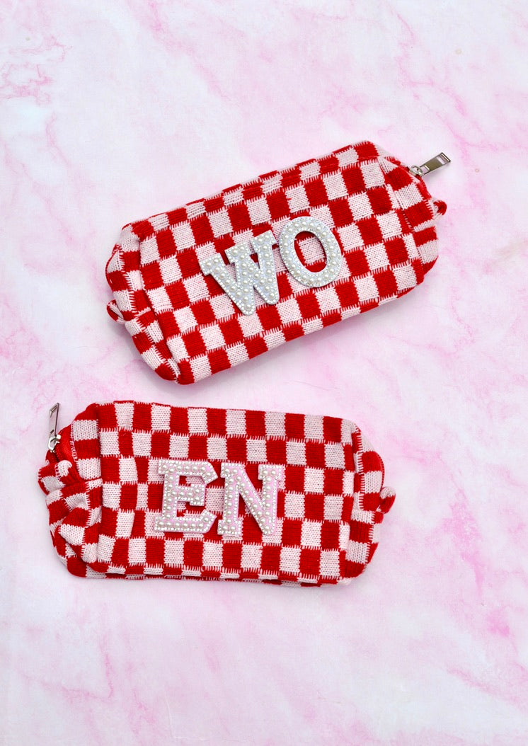 Custom Red Checkered Bridesmaids Makeup Bags