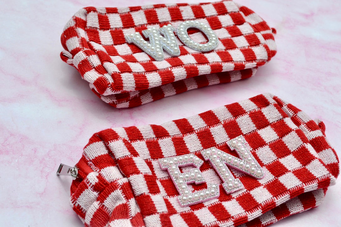 Custom Red Checkered Bridesmaids Makeup Bags