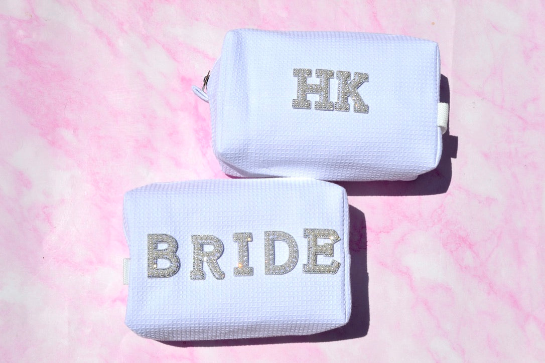 Custom White Waffle Bride Makeup Bag
