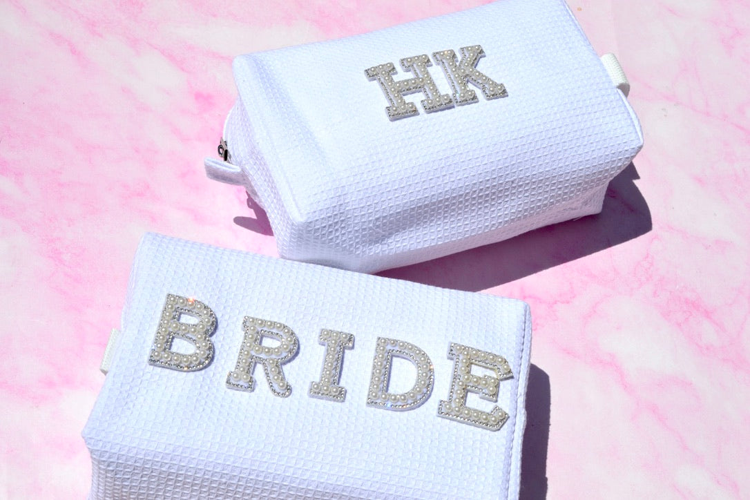 Custom White Waffle Bride Makeup Bag