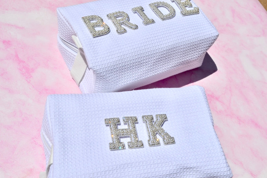 Custom White Waffle Bride Makeup Bag