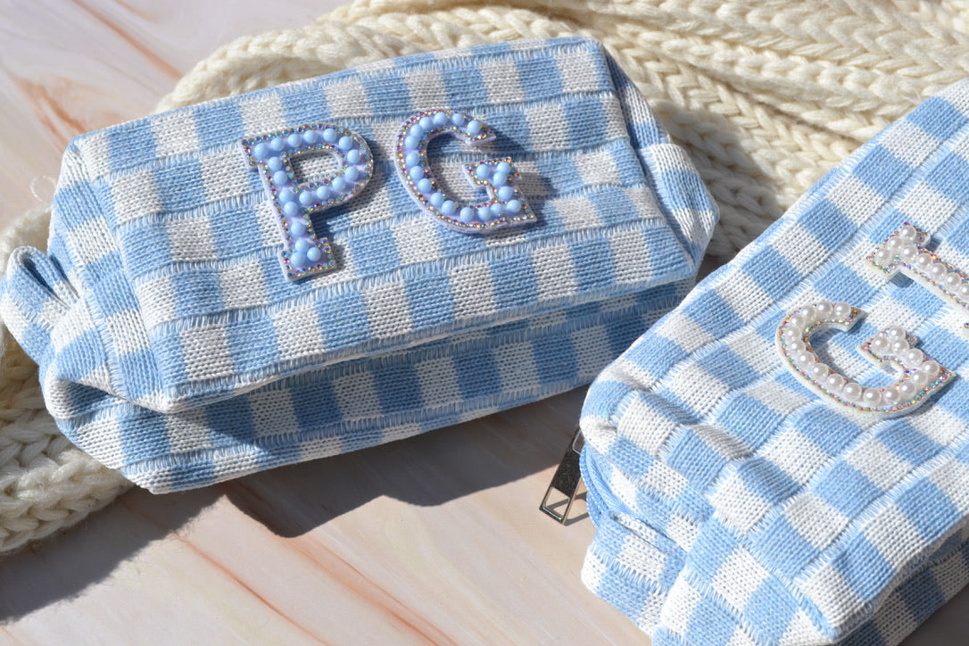 Dusty Blue Checkered Makeup Bags Last Toast on the Coast Favors