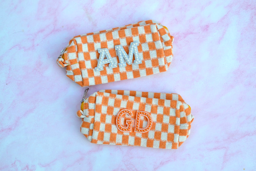 Custom Orange Checkered Makeup Bag
