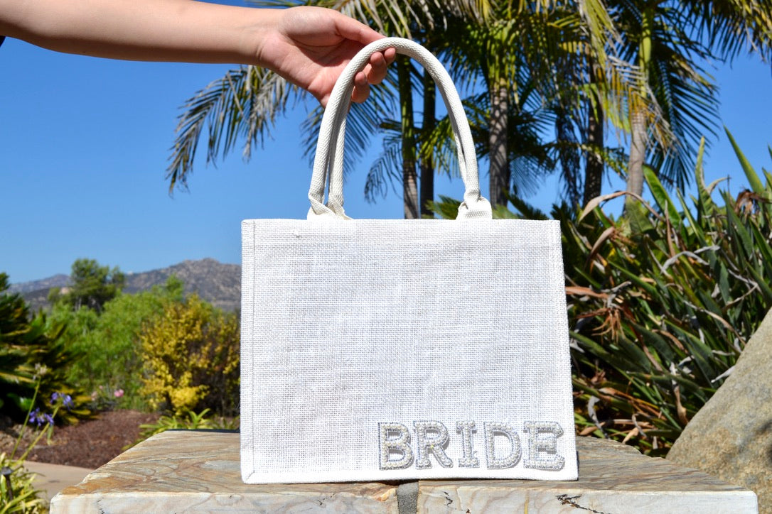 White Burlap Bride Tote Bag