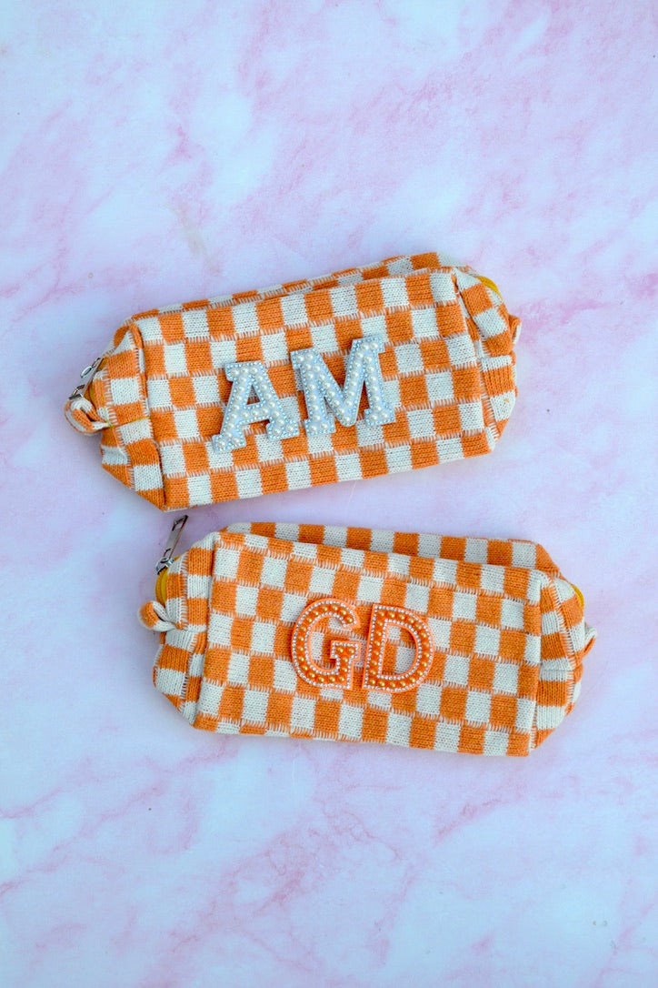 Custom Orange Checkered Makeup Bag