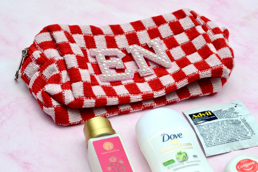 Custom Red Checkered Bridesmaids Makeup Bags