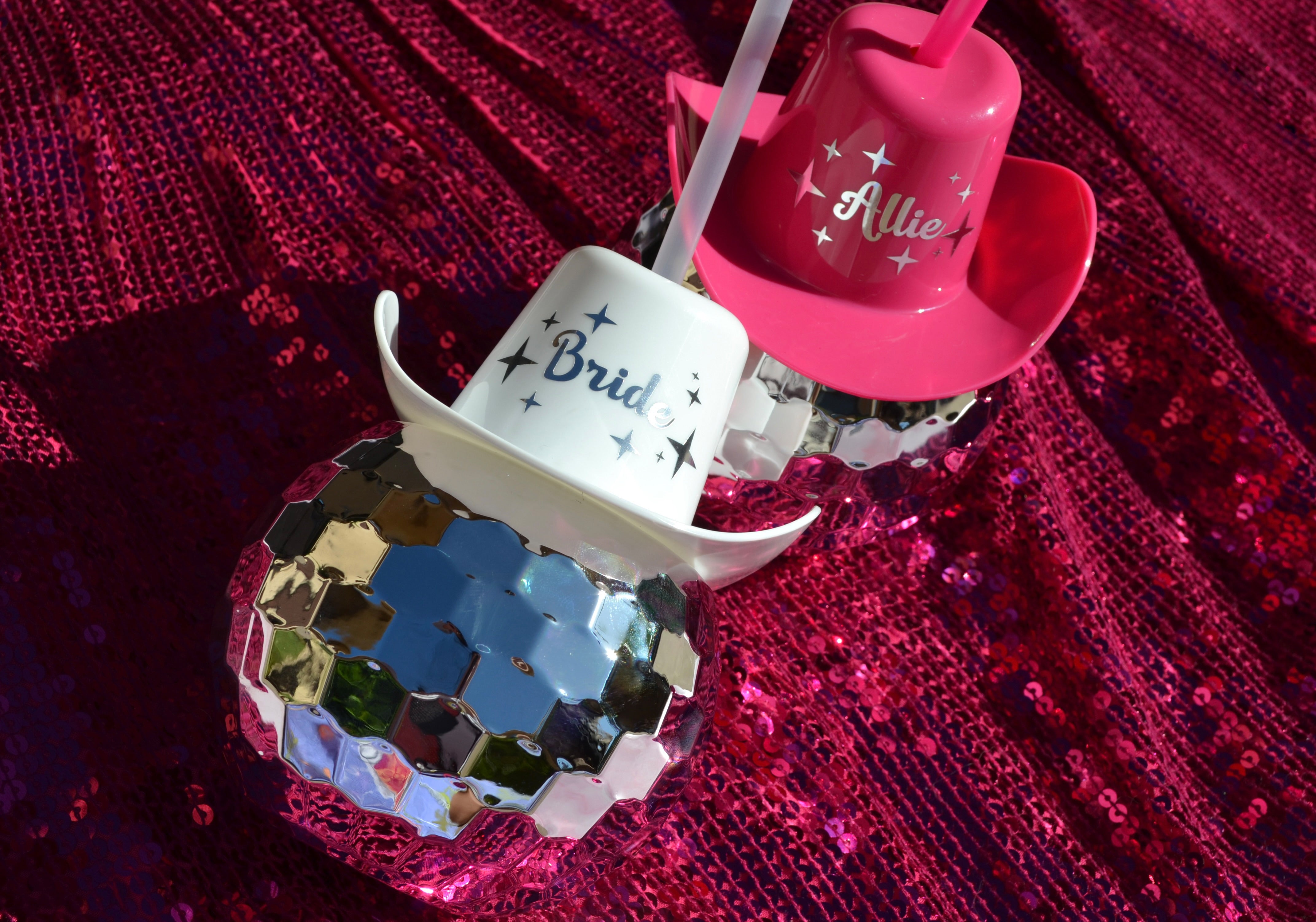 Bride Cowboy hat disco ball cups