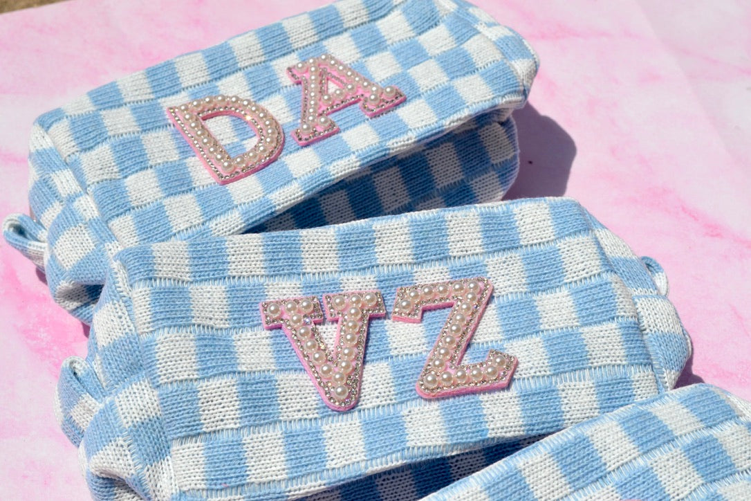 Dusty Blue Checkered Makeup Bags Last Toast on the Coast Favors