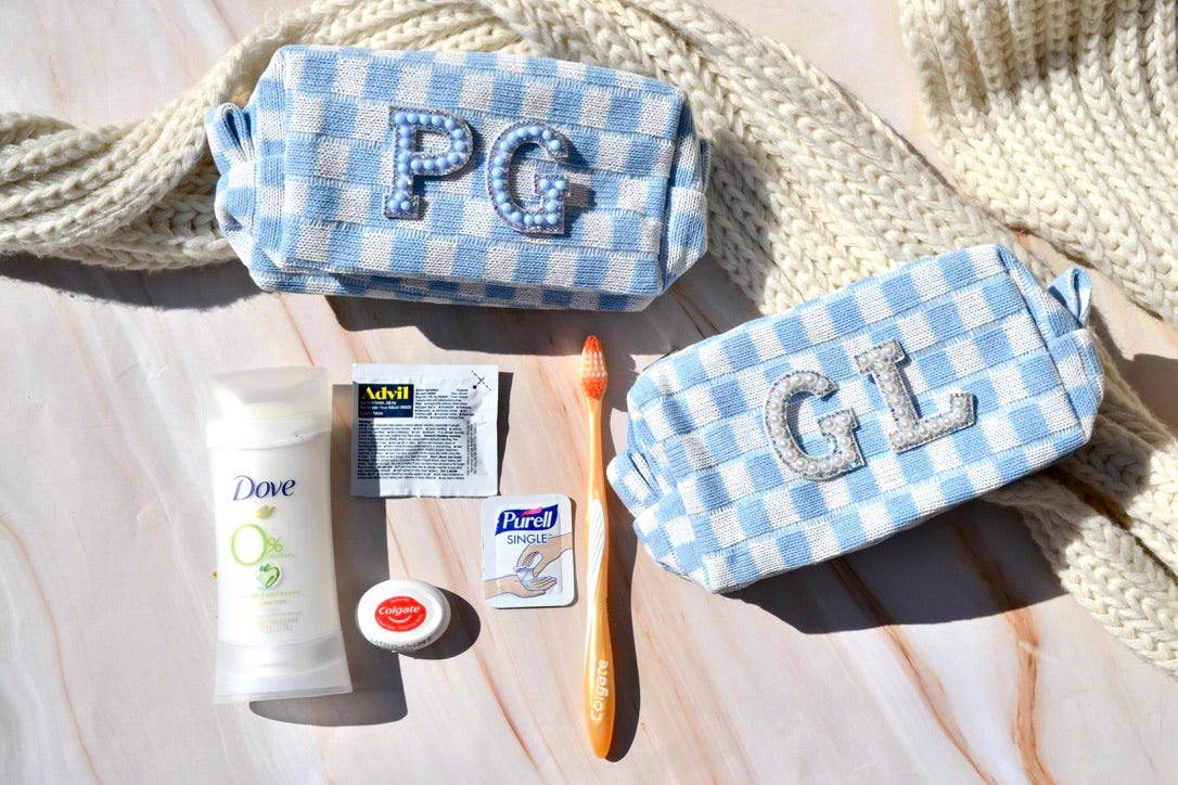 Dusty Blue Checkered Makeup Bags Last Toast on the Coast Favors
