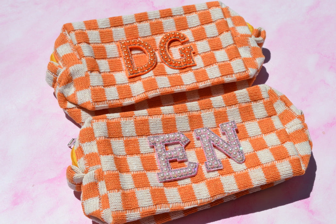 Custom Orange Checkered Makeup Bag