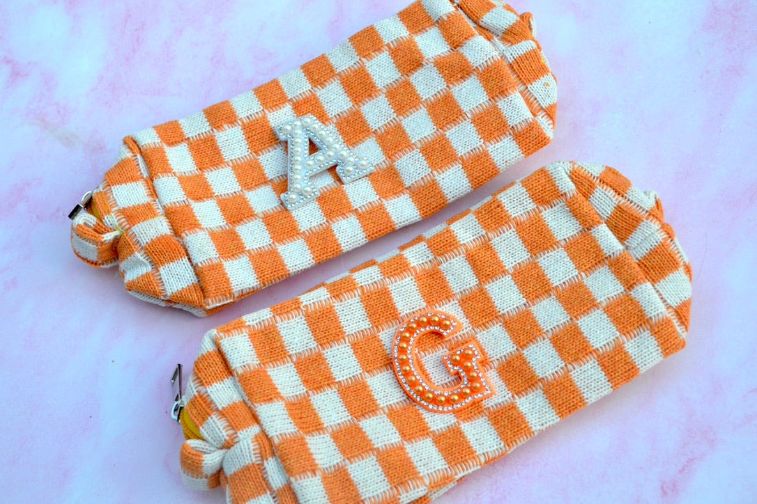 Custom Orange Checkered Makeup Bag