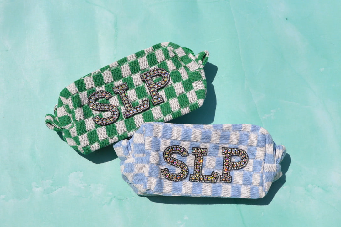 Dusty Blue Checkered Makeup Bags Last Toast on the Coast Favors