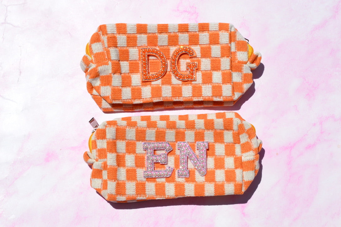Custom Orange Checkered Makeup Bag
