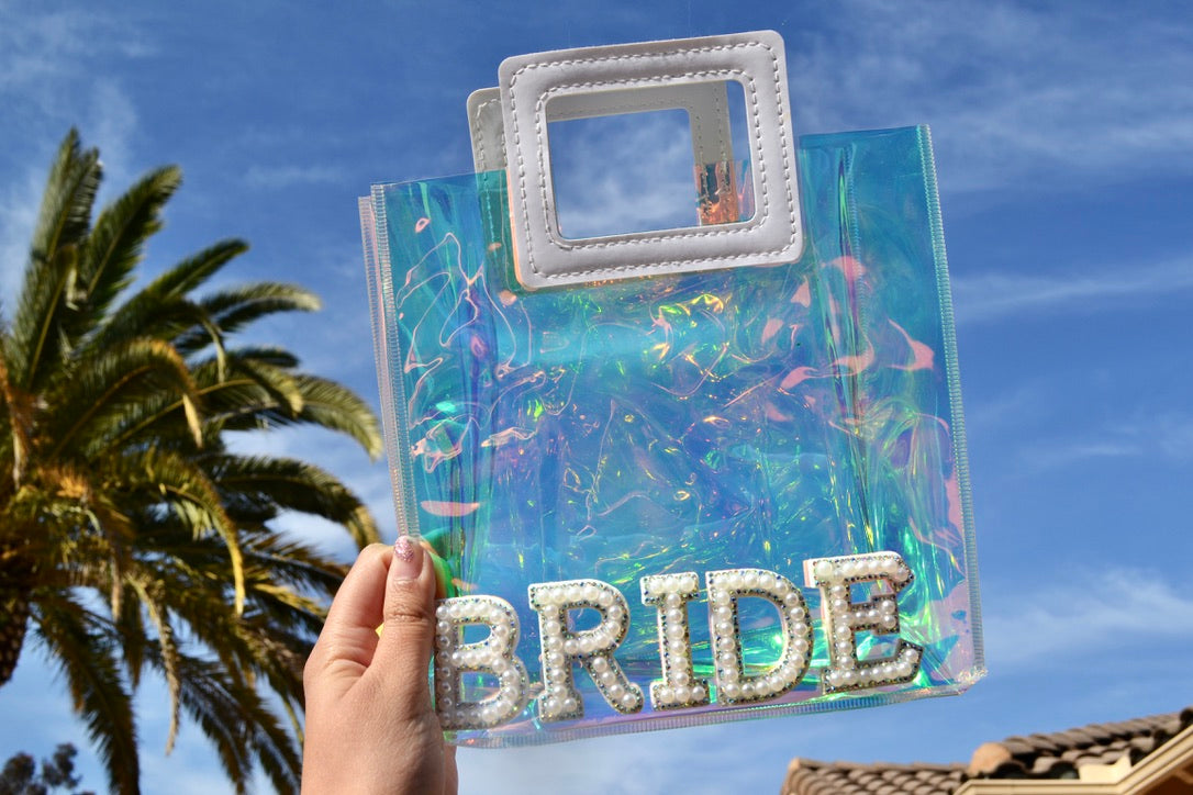 Clear holographic mini bag labeled "Bride" – ideal for bachelorette party accessories