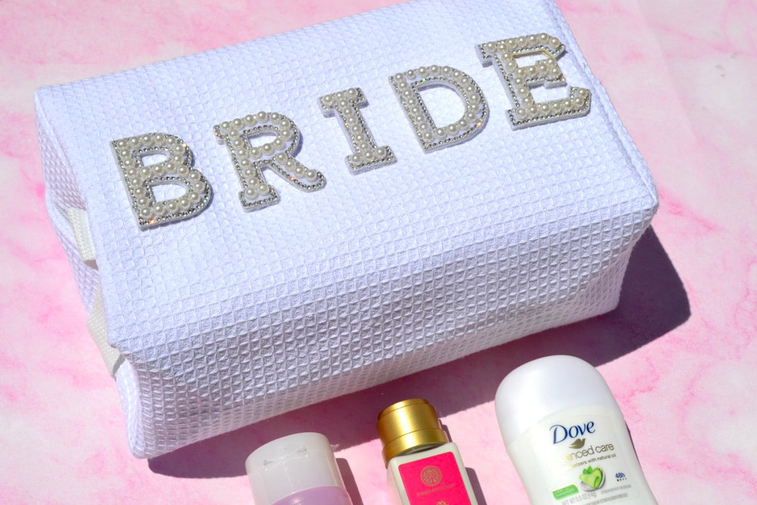 Custom White Waffle Bride Makeup Bag