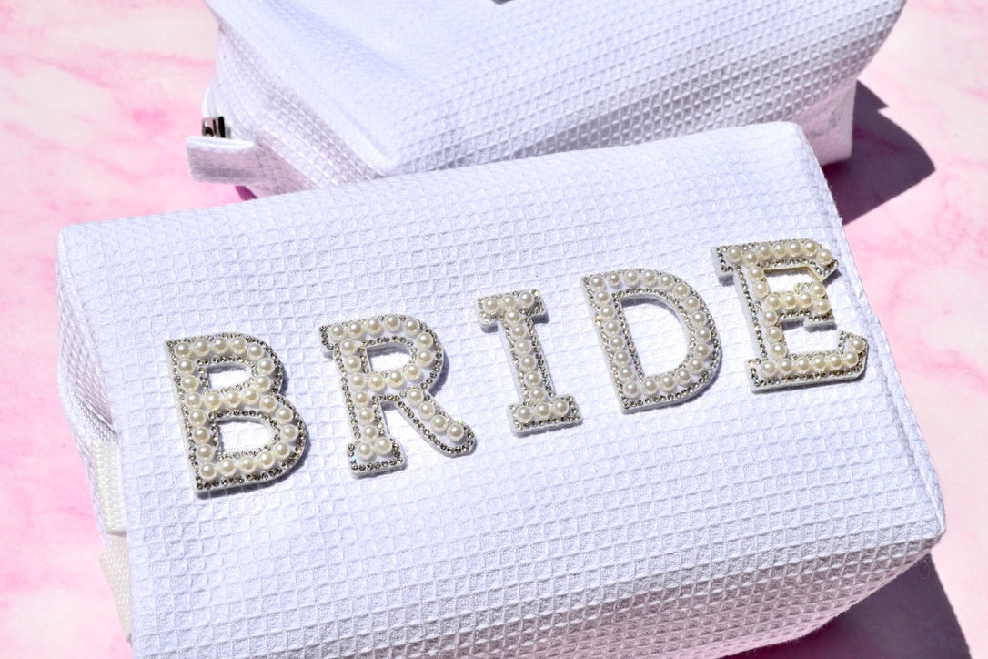 Custom White Waffle Bride Makeup Bag