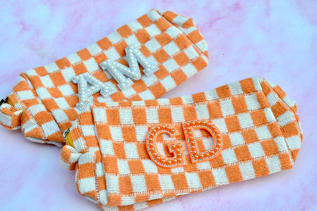 Custom Orange Checkered Makeup Bag