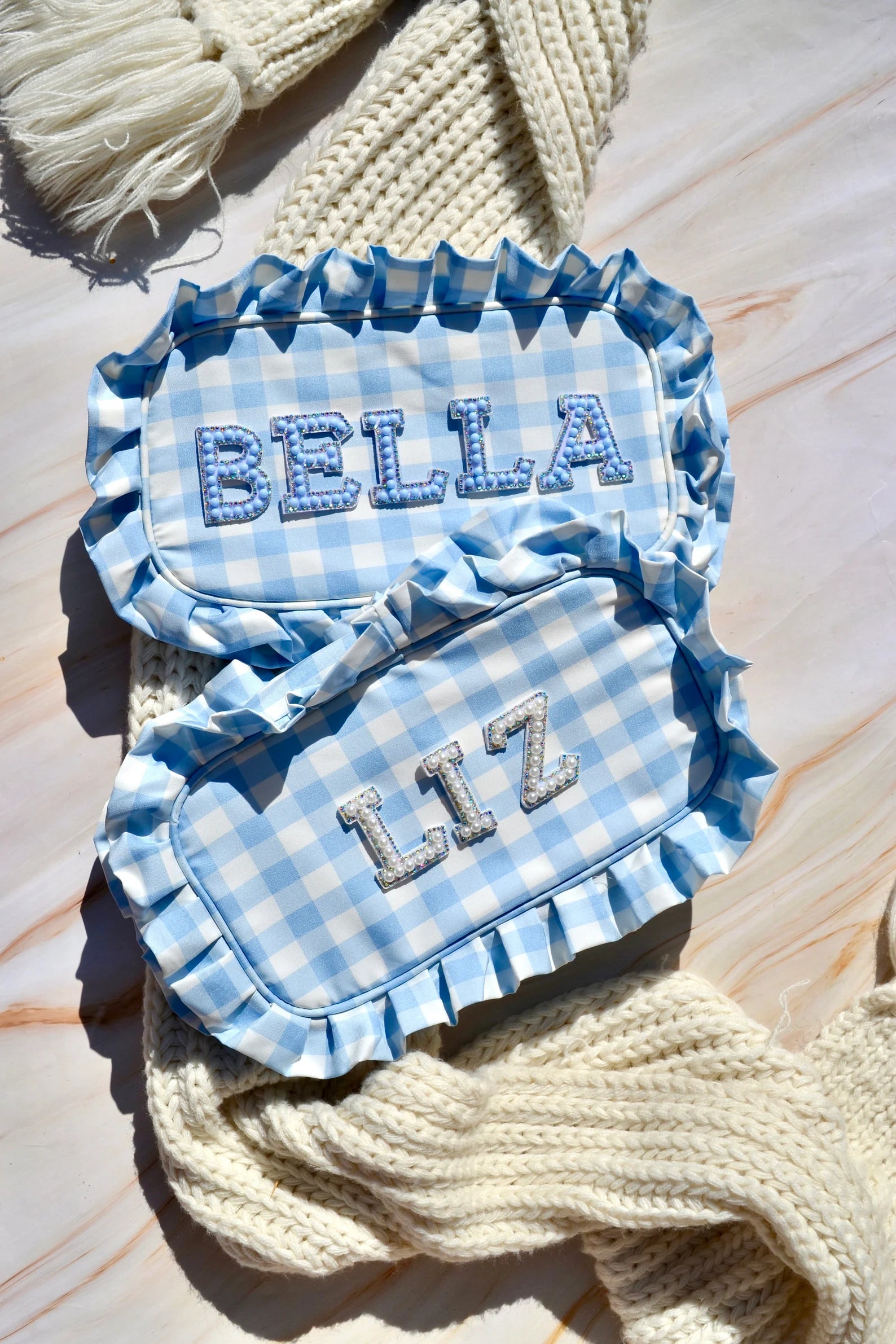 Custom Blue Ruffle Makeup Bag – Personalized Bridal Cosmetic Pouch
