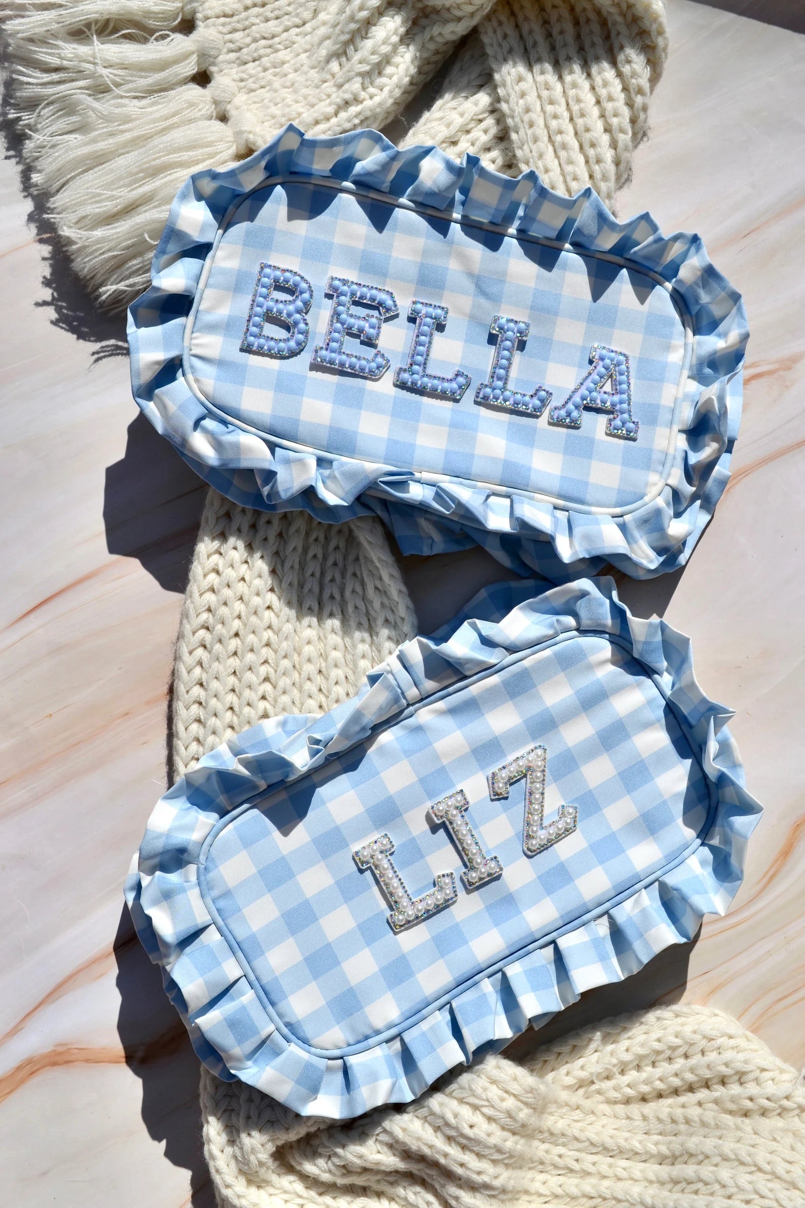 Preppy bridal cosmetic pouch with ruffle detail and monogram