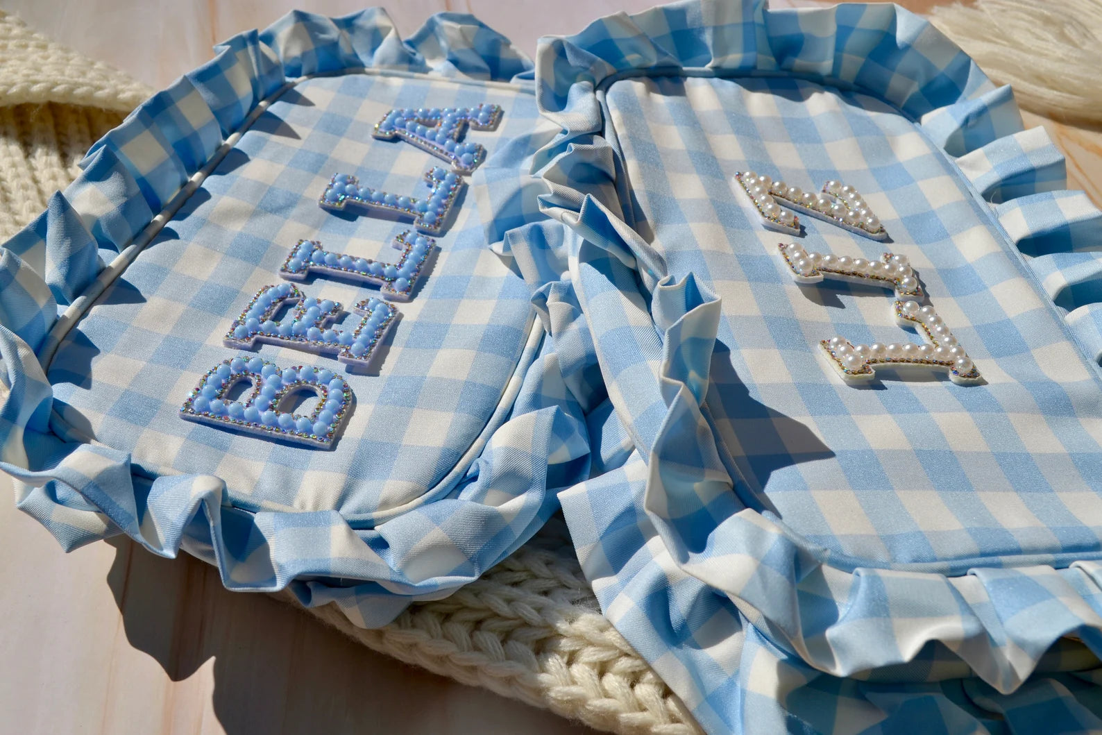 Custom Blue Ruffle Makeup Bag – Personalized Bridal Cosmetic Pouch