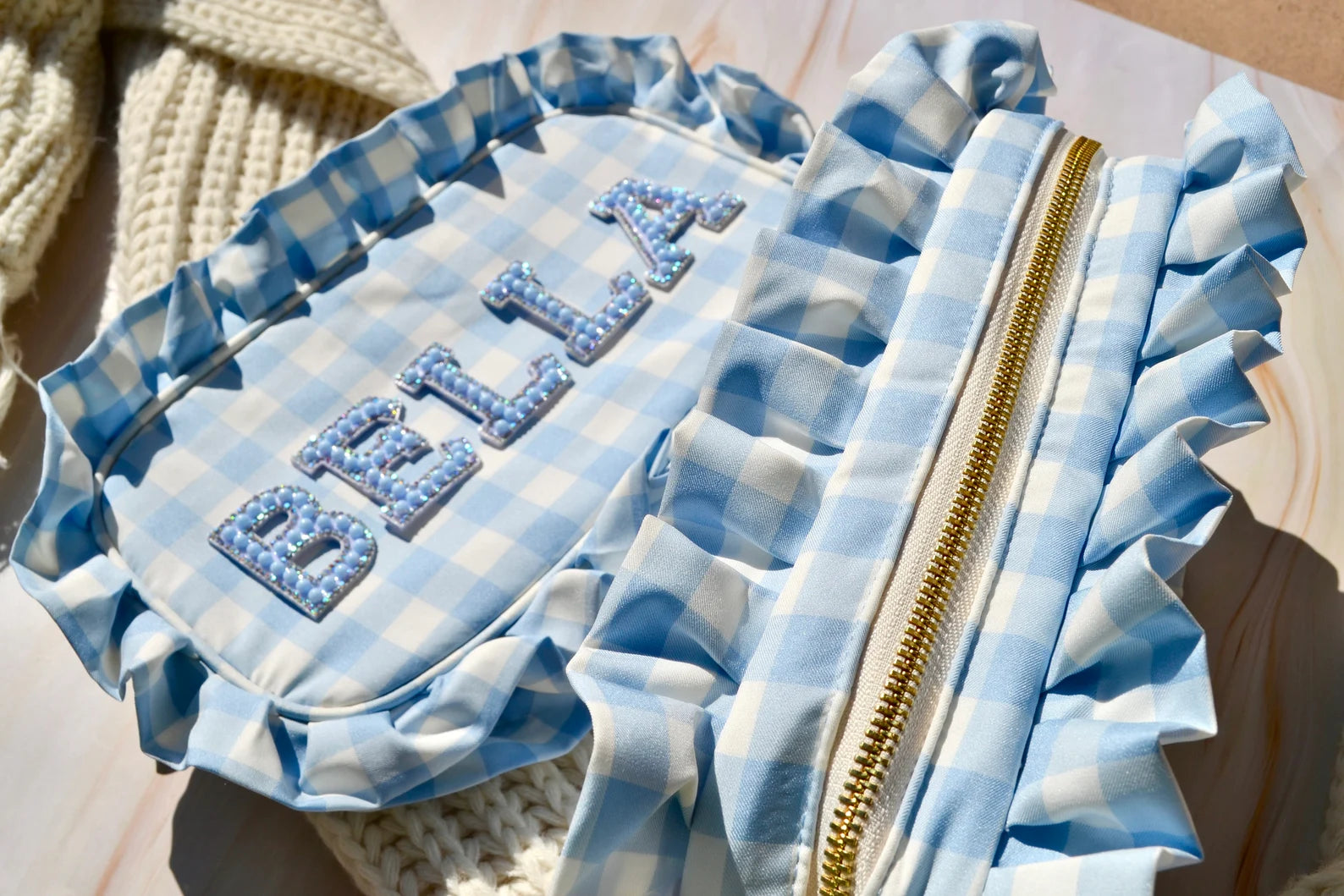 Custom Blue Ruffle Makeup Bag – Personalized Bridal Cosmetic Pouch