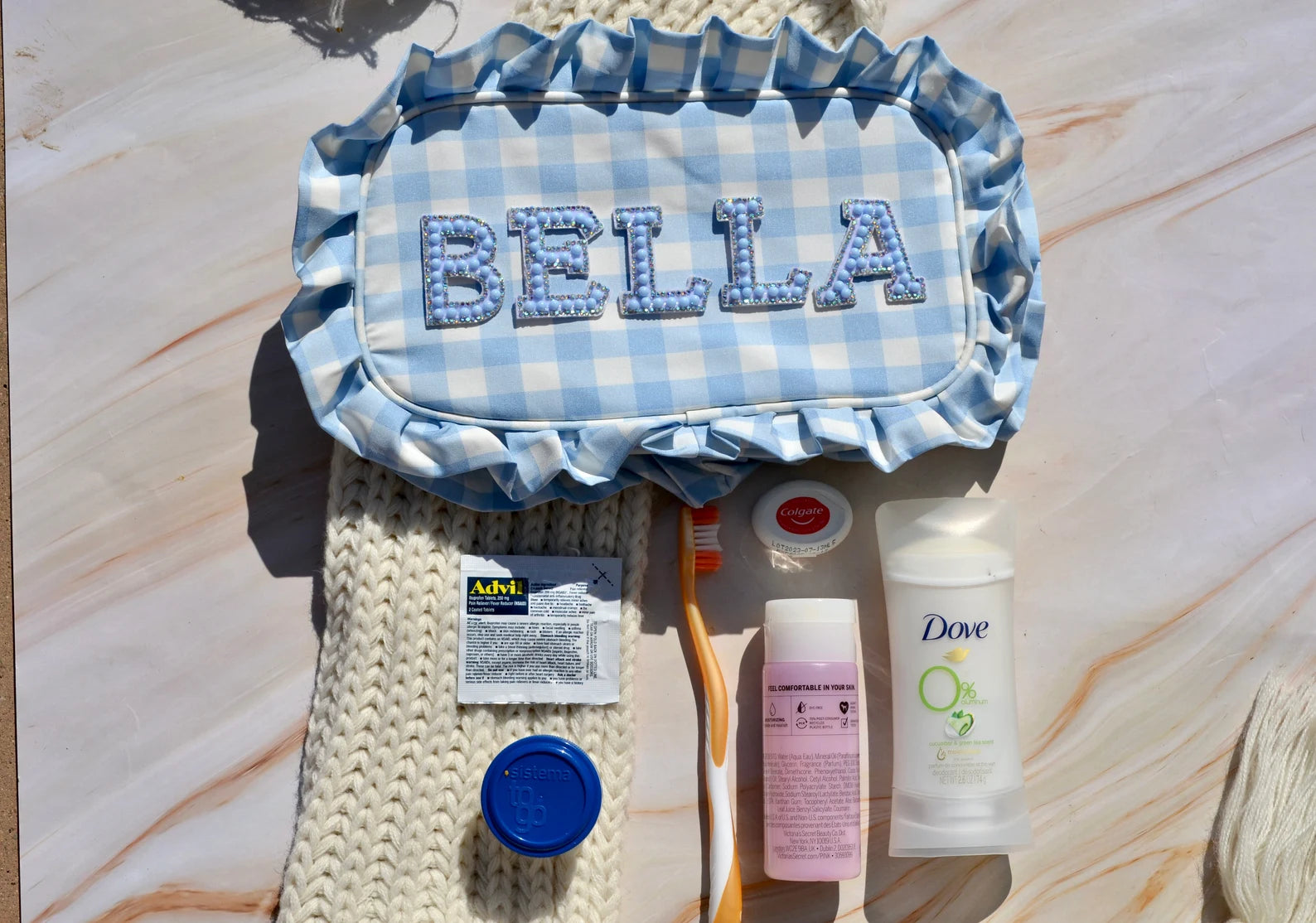 Custom Blue Ruffle Makeup Bag – Personalized Bridal Cosmetic Pouch