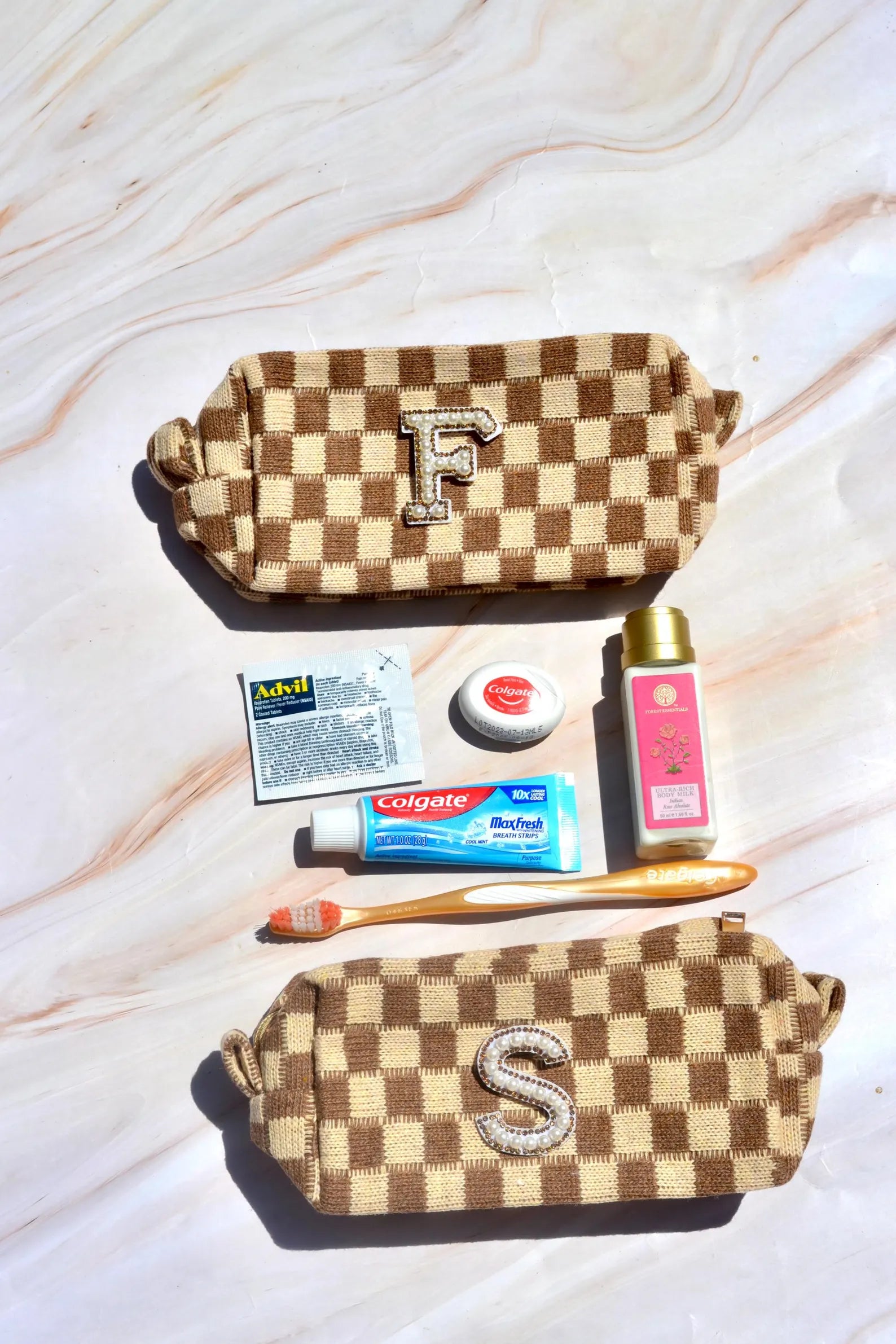 Custom Brown Checkered Bridesmaids Makeup Bag