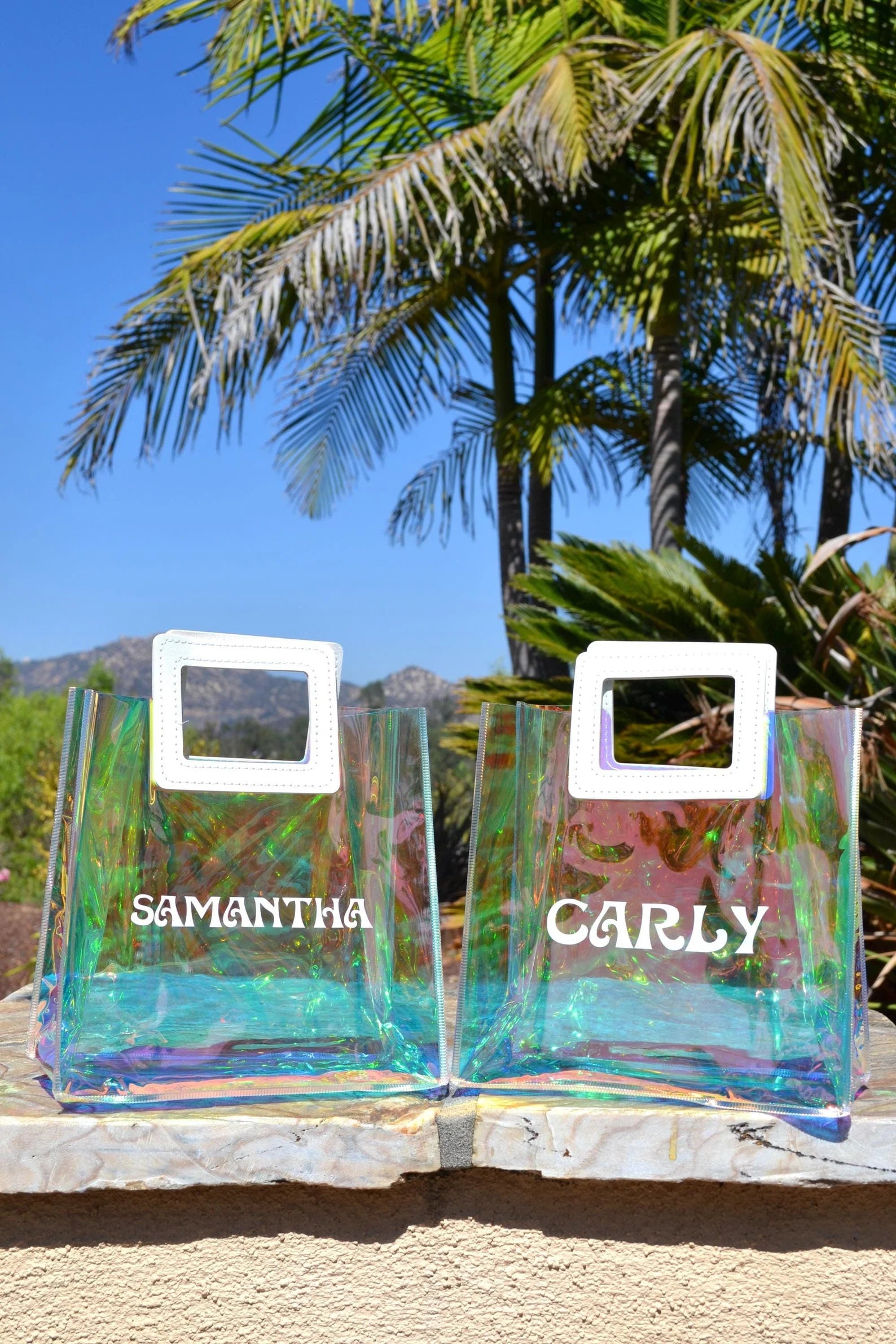 Iridescent mini tote bag with personalized text, great for wedding party gifts
