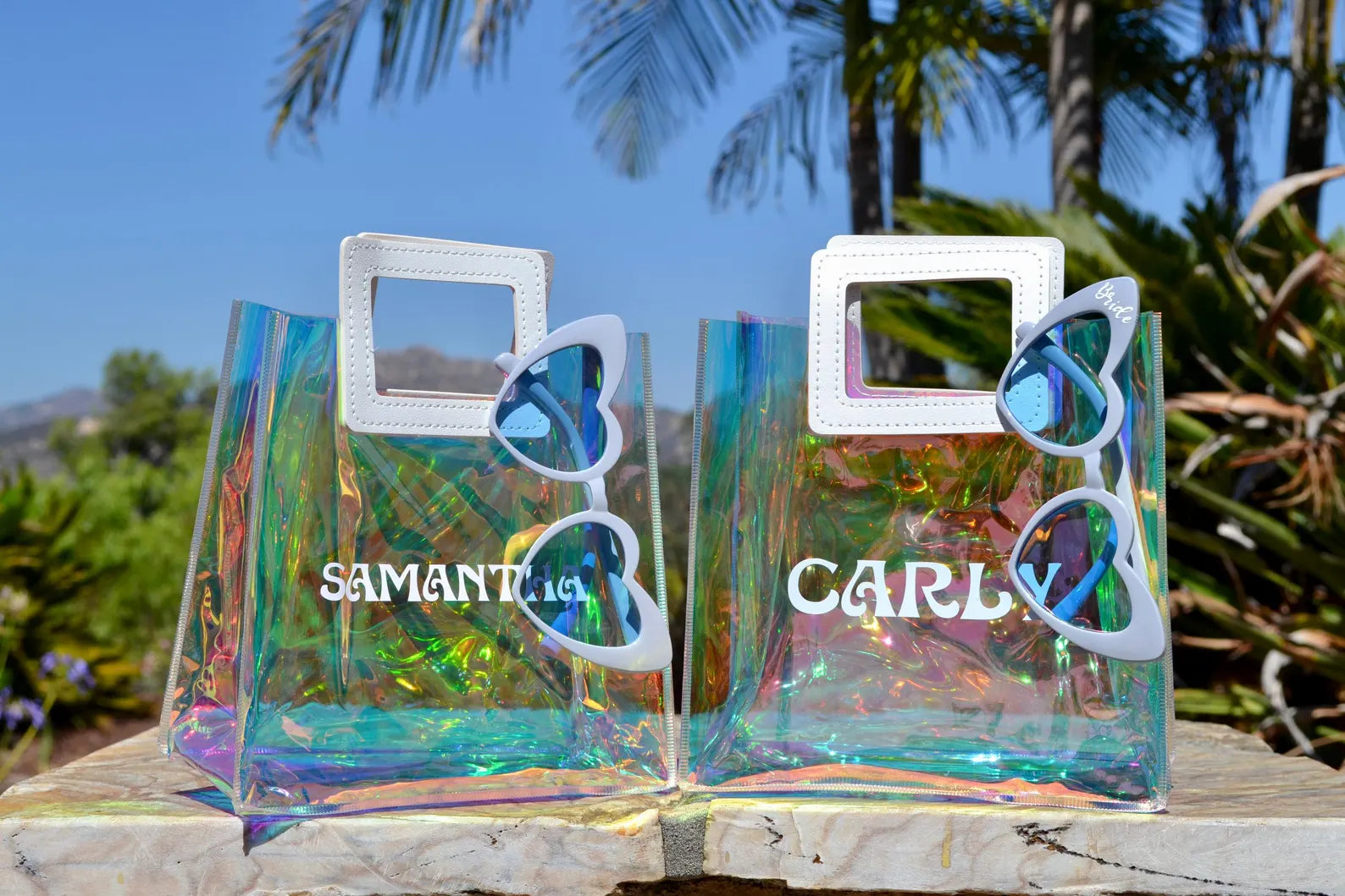 Custom name holographic tote bag shimmering under light, perfect for bridal showers.