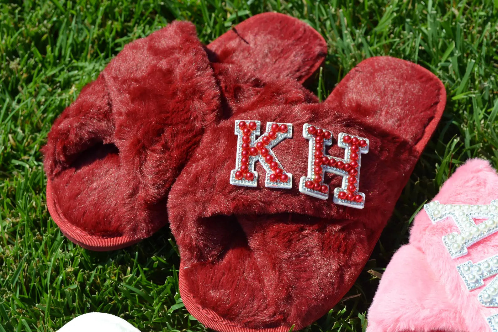 Personalized burgundy slippers with soft faux fur
