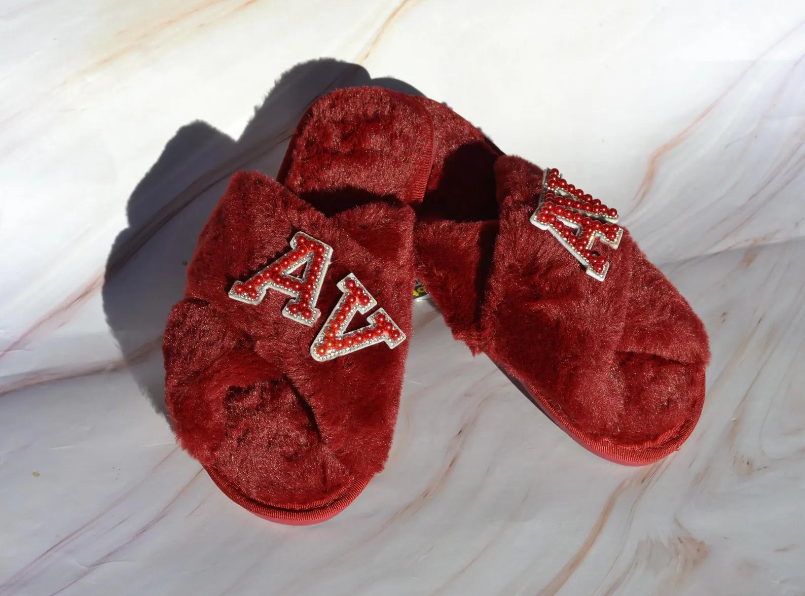 Personalized Burgundy Fuzzy Slippers – Custom Bridesmaid & Bridal Party Gift