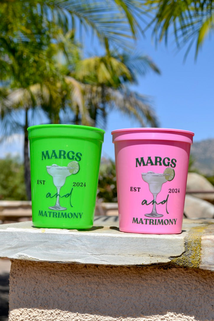 Green and Pink Margs and Matrimony Bachelorette Party Cups