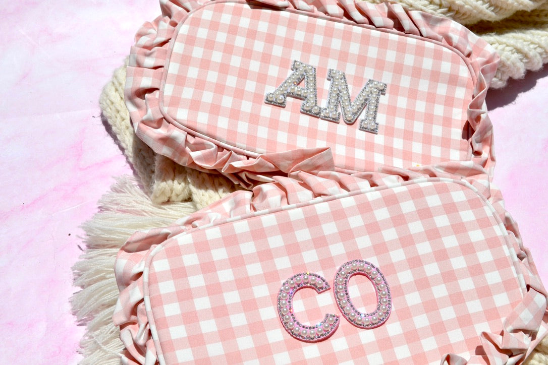 Custom Pink Ruffle Coquette Makeup Bag, Bridesmaids Proposal Gift, Preppy Cosmetic Bag, Tying the knot bachelorette, Gingham Zipper Pouch