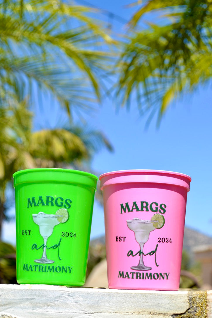 Green and Pink Margs and Matrimony Bachelorette Party Cups