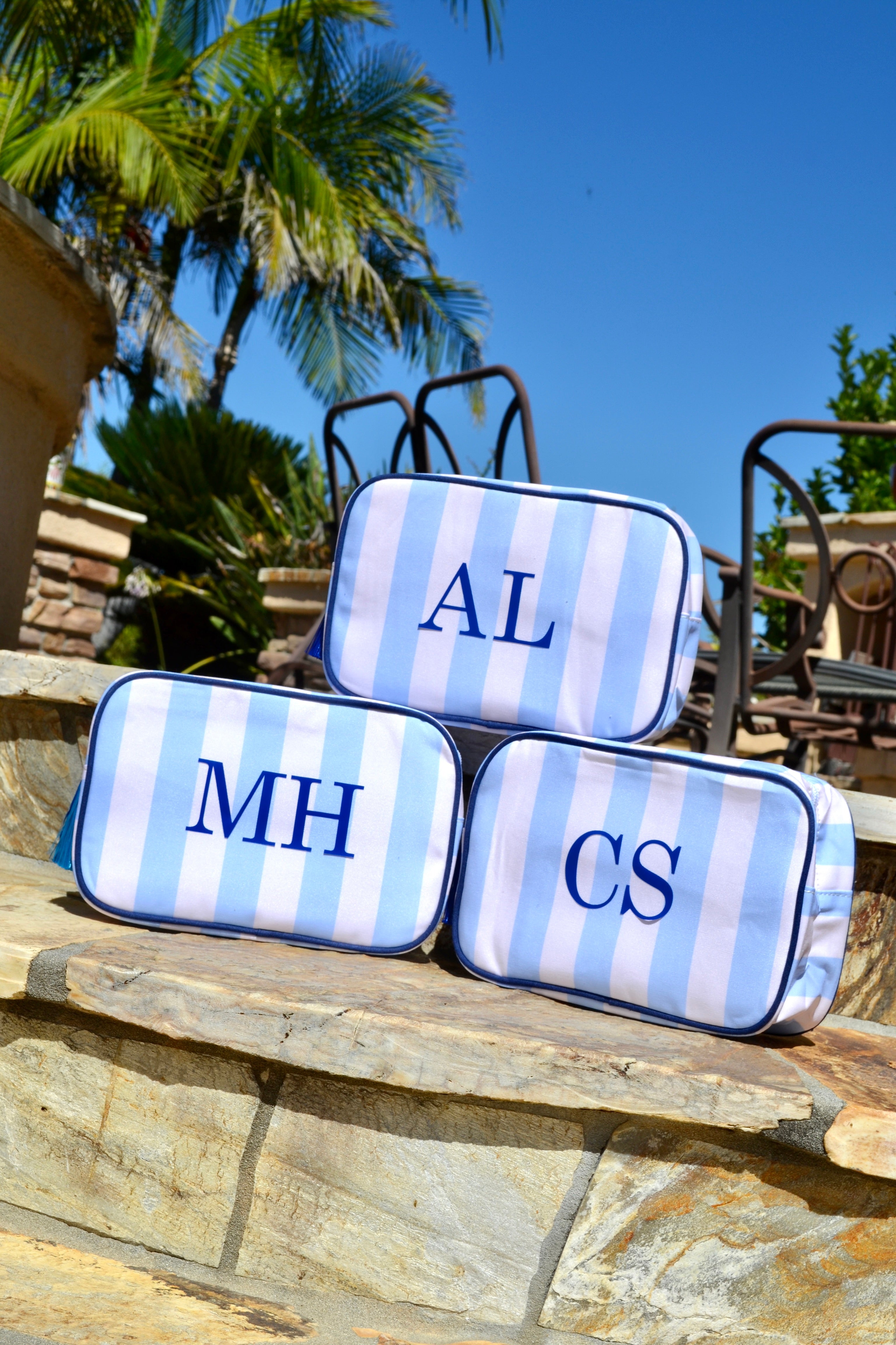 Personalized Striped Blue Monogram Makeup Bag