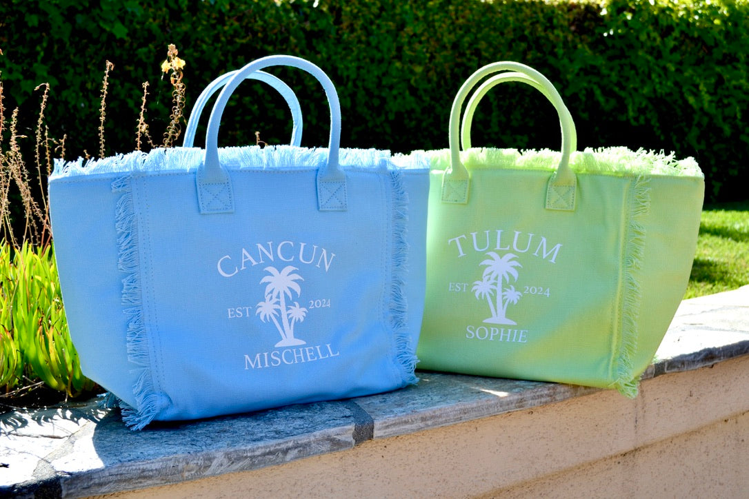 Personalized Large Fringe Canvas Tote Bag, Beach Bachelorette Party Favors, Custom Beach Bag, Bridal Party Gifts, Blue Green Girls Trip Tote