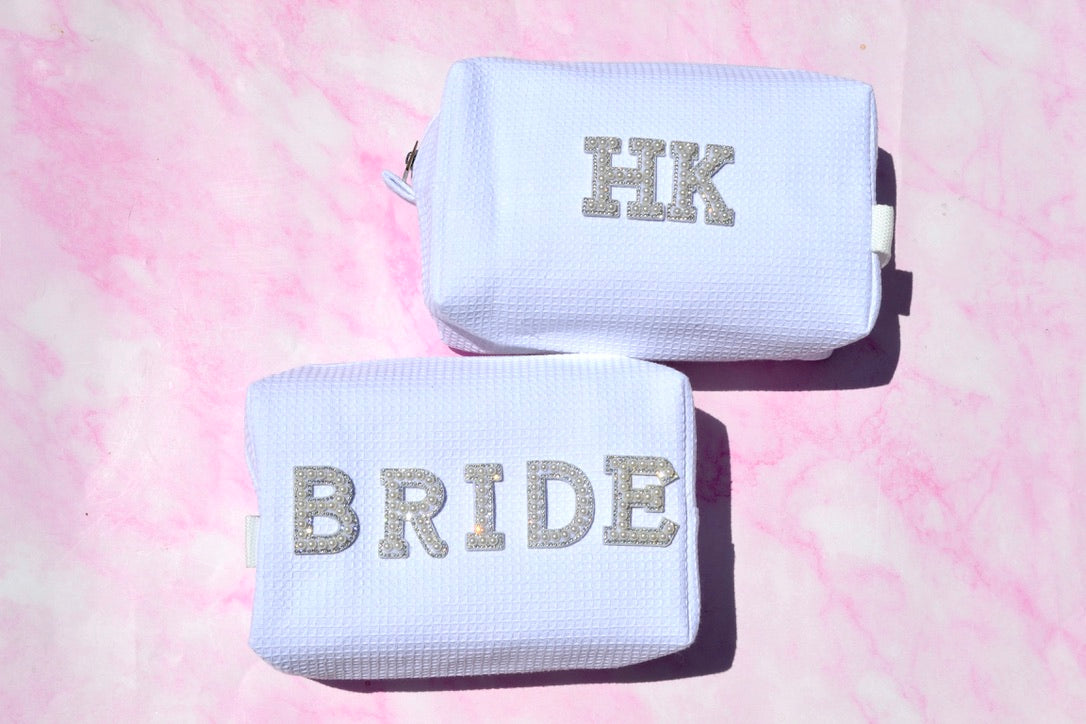 Custom Bride Makeup Bag, Waffle Cosmetic Bag, Gifts for the Bride, Engagement Gift, White Toiletry Bag, Bachelorette Bride Gift, Bridal Gift