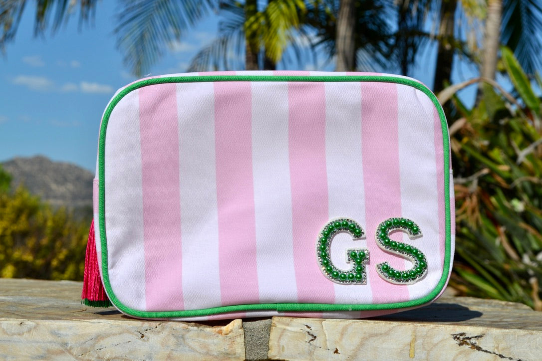 Custom Initial Striped Monogram Makeup Bag