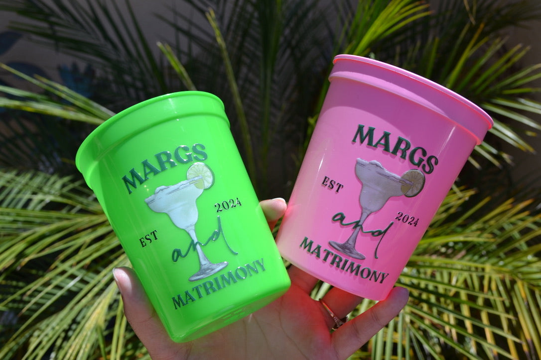 Green and Pink Margs and Matrimony Bachelorette Party Cups