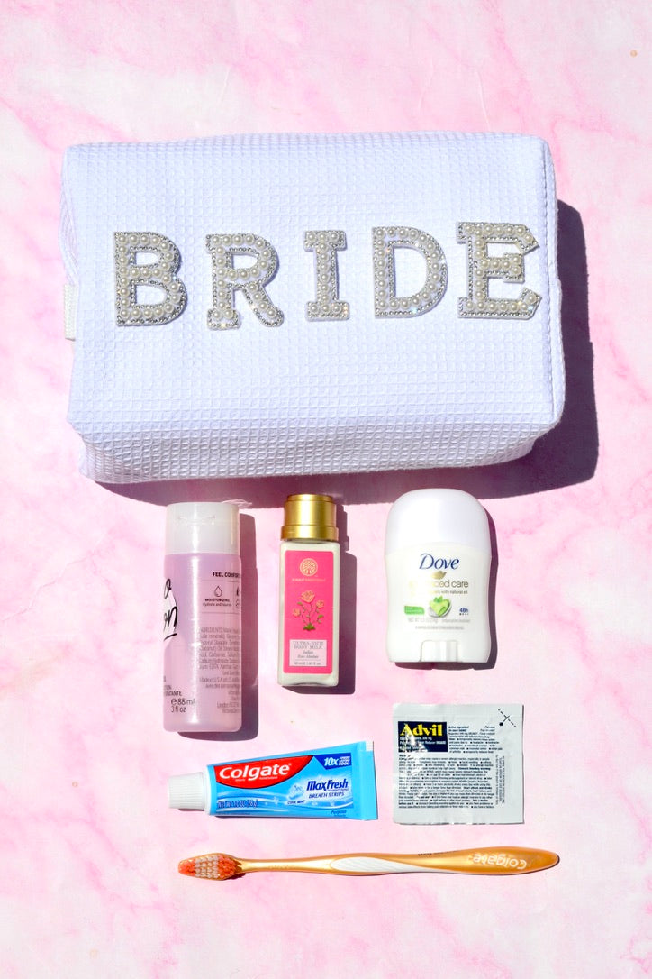 Custom Bride Makeup Bag, Waffle Cosmetic Bag, Gifts for the Bride, Engagement Gift, White Toiletry Bag, Bachelorette Bride Gift, Bridal Gift