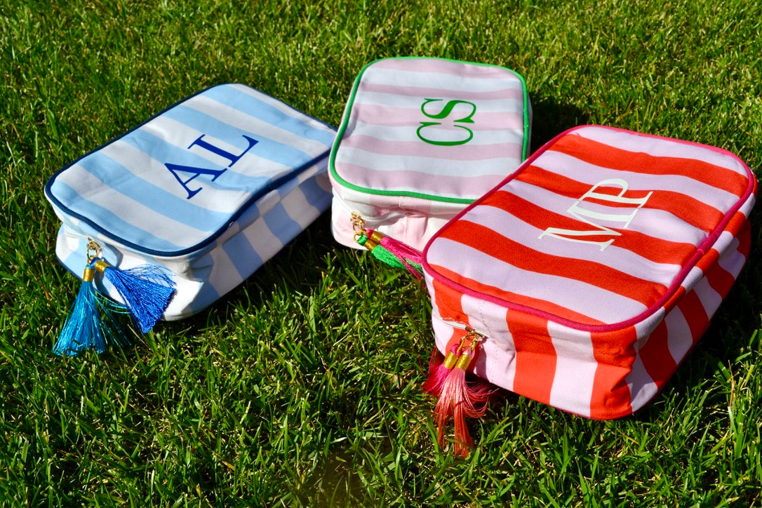 Custom Monogram Makeup Bag, Striped Cosmetic Bag, Preppy Toiletry Bag, Pink Red Green Blue Bridesmaids Proposal Gifts, Bachelorette Favors