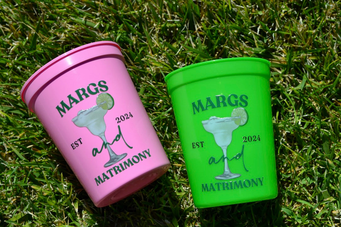 Green and Pink Margs and Matrimony Bachelorette Party Cups