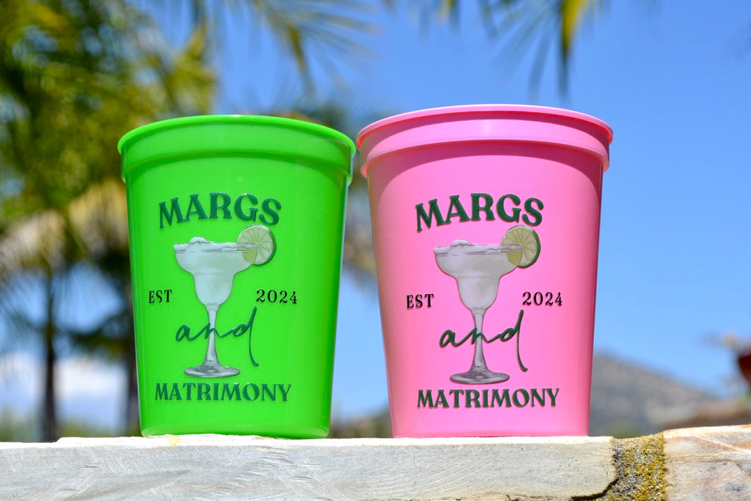 Green and Pink Margs and Matrimony Bachelorette Party Cups