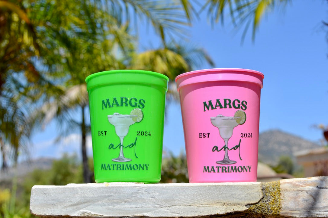 Green and Pink Margs and Matrimony Bachelorette Party Cups