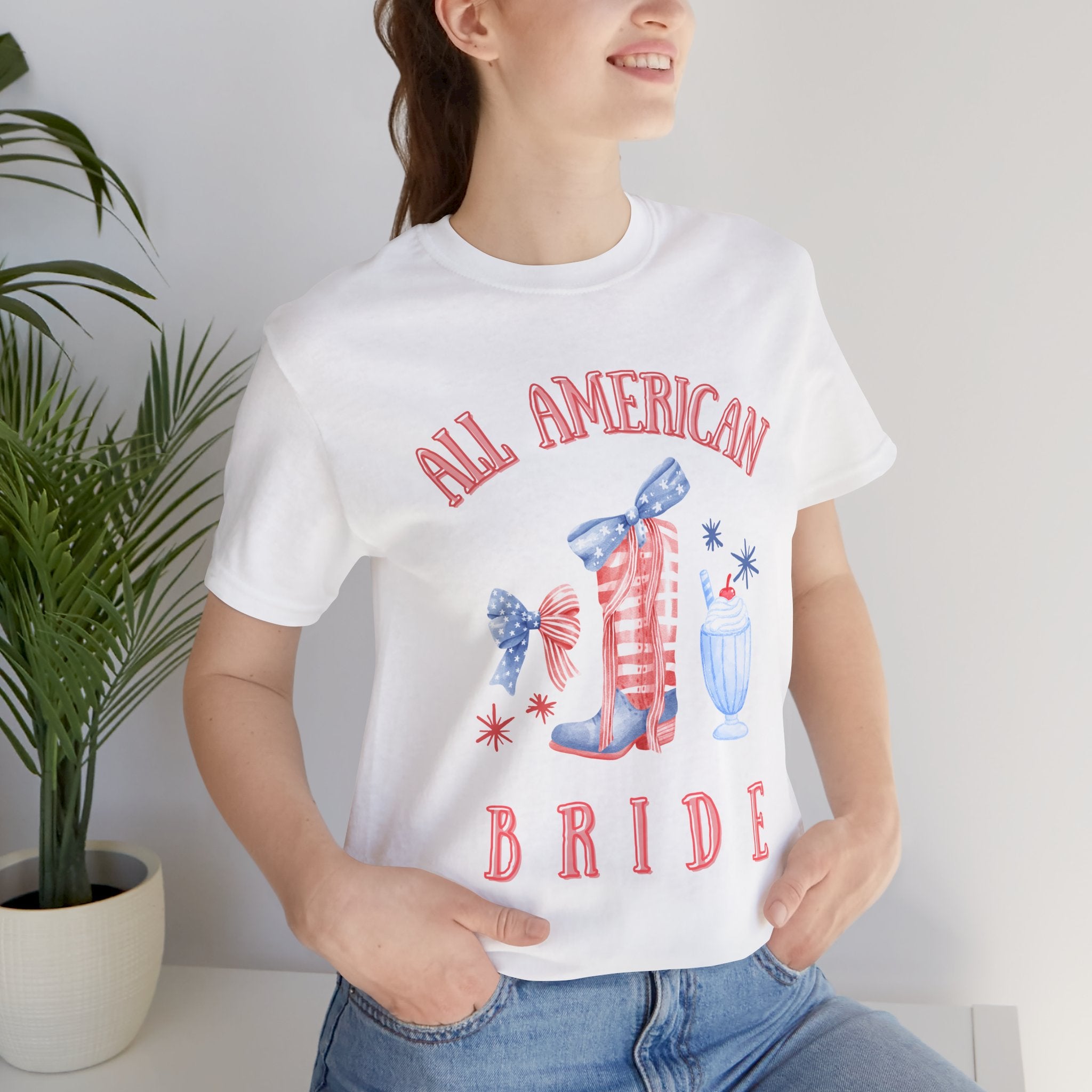 Model wearing 4th of July Bachelorette Tee with 'Red, White & I Do' graphic