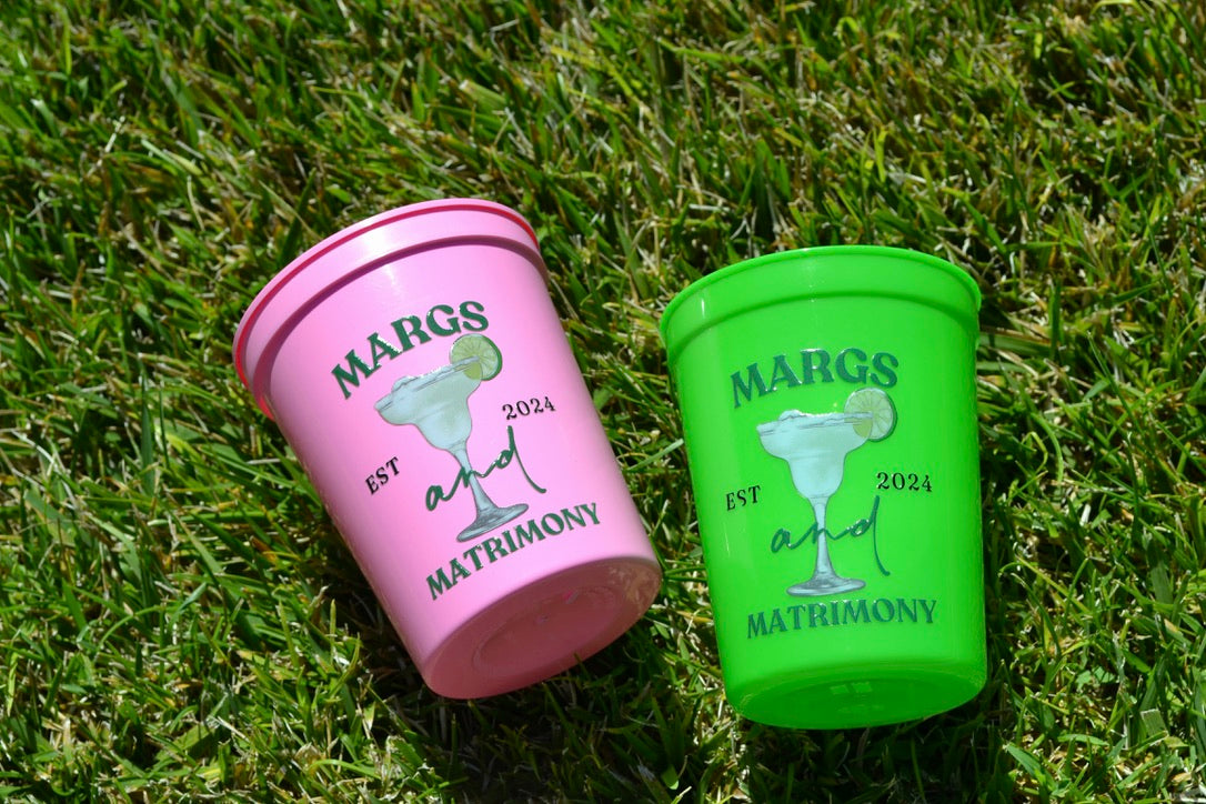 Green and Pink Margs and Matrimony Bachelorette Party Cups