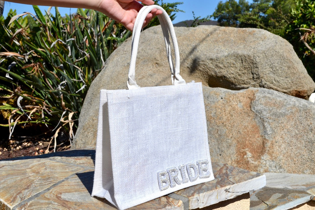 White Burlap Bride Tote Bag