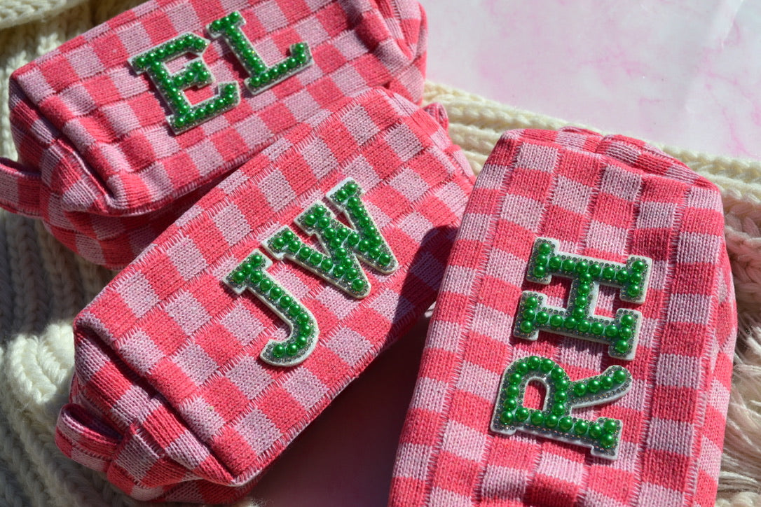 Pink and Green Checkered Makeup Bags, Tennis Bachelorette Makeup Bag, Margs and Matrimony Favors, Golf Bachelorette Party, Pickleball Bach