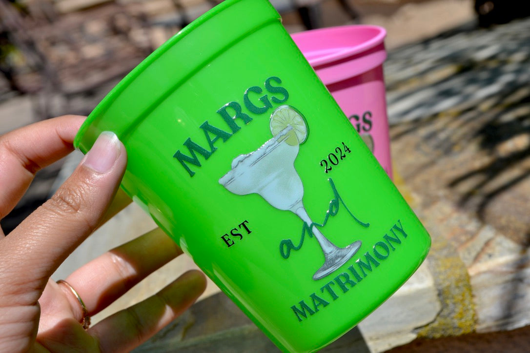 Green and Pink Margs and Matrimony Bachelorette Party Cups