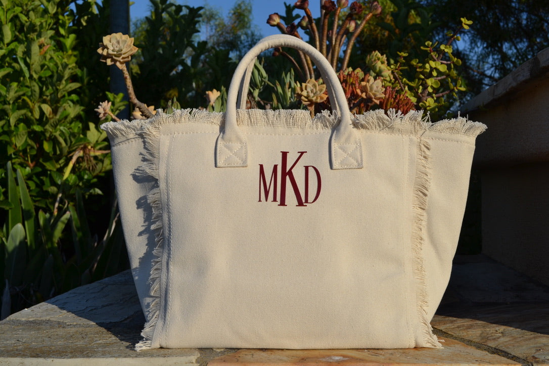 Cream and Maroon Monogram Tote Bag 